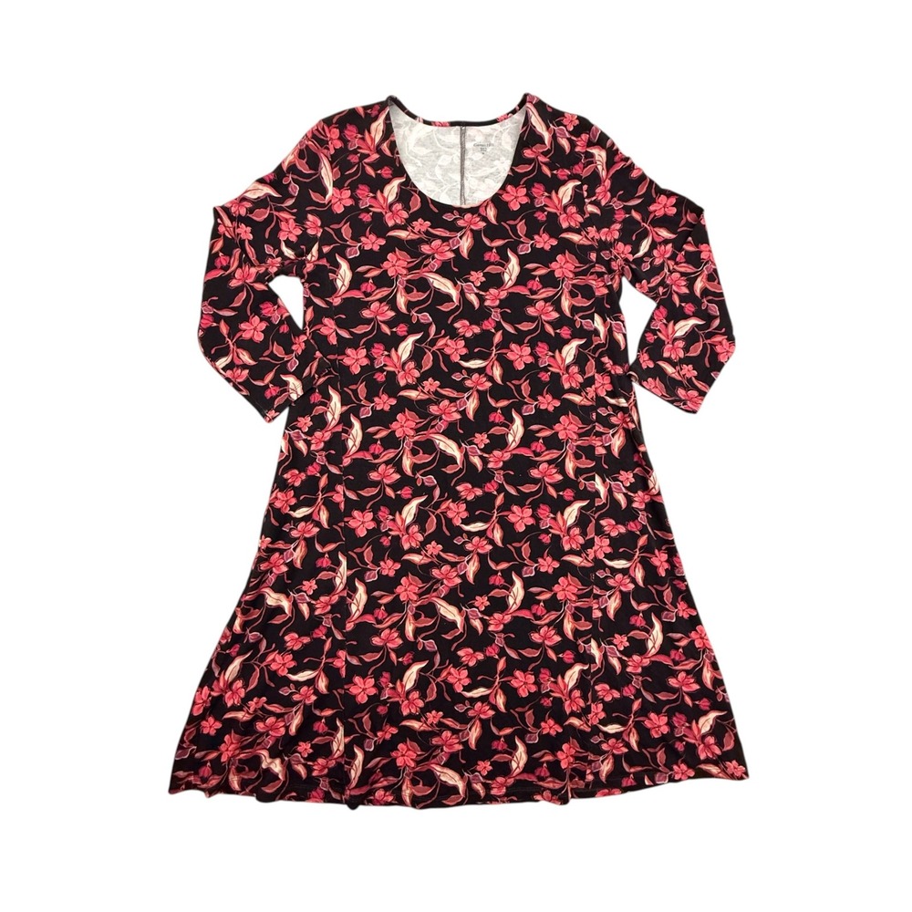 Garnet Hill Dress Womens Medium Black Floral Long Sleeve Knit A-Line Stretch